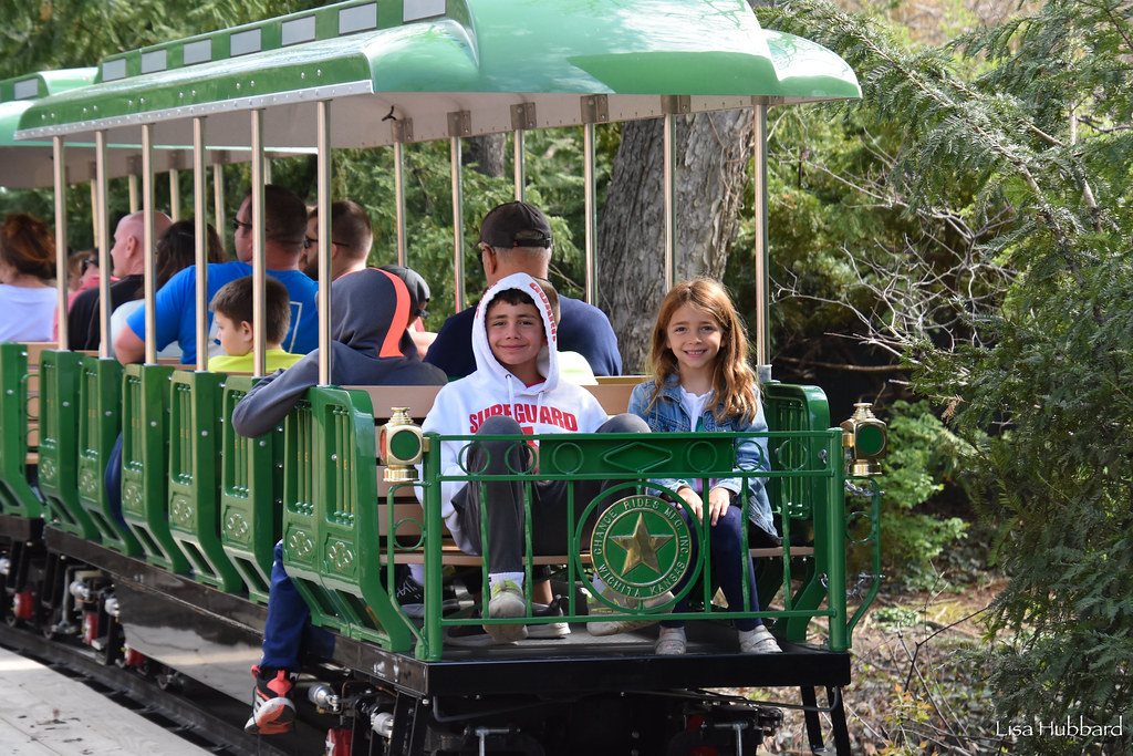 new green electric train on tracks with two kids in the last seat facing the camera
