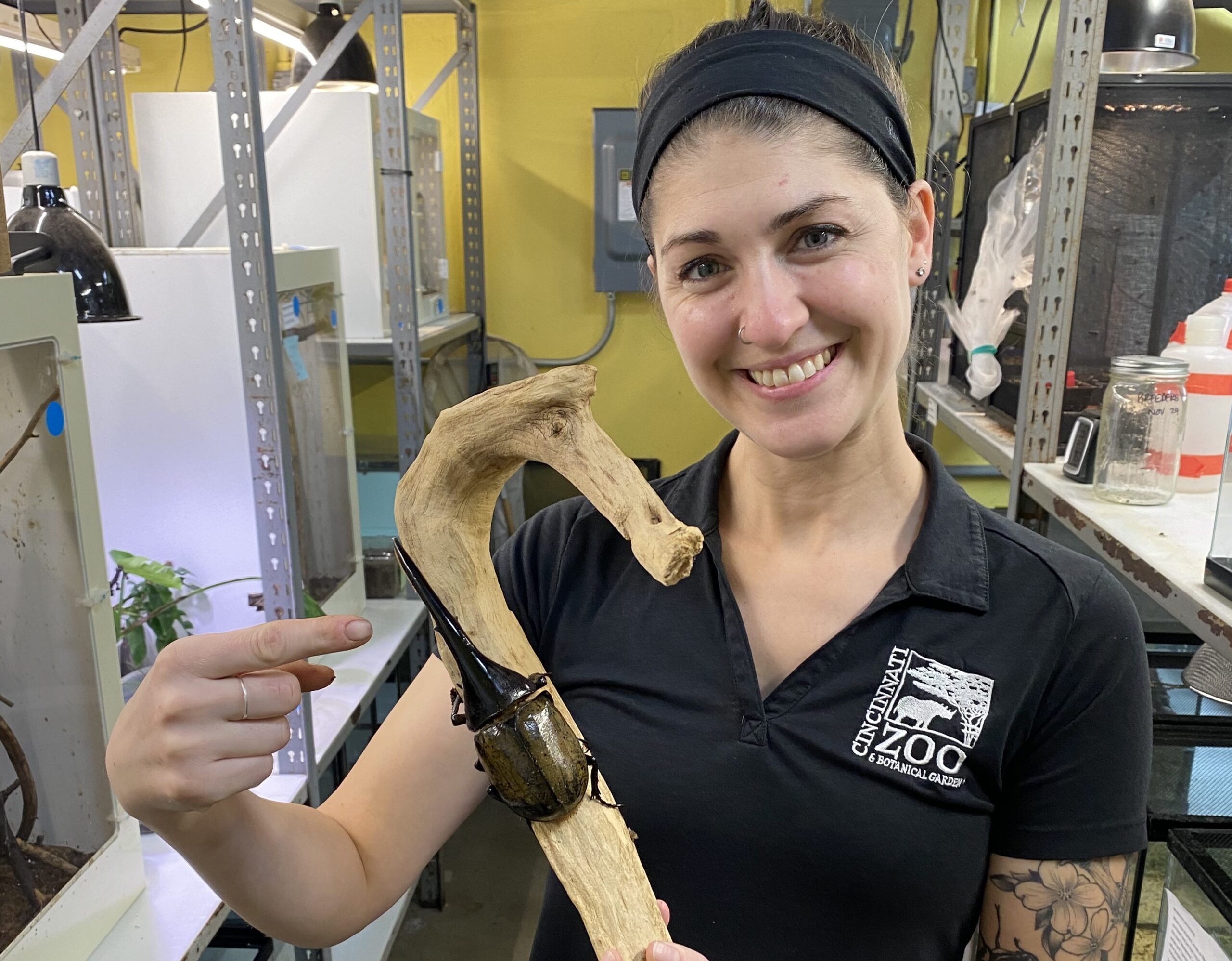 keeper smiling holding a stick with a giant beetle on it